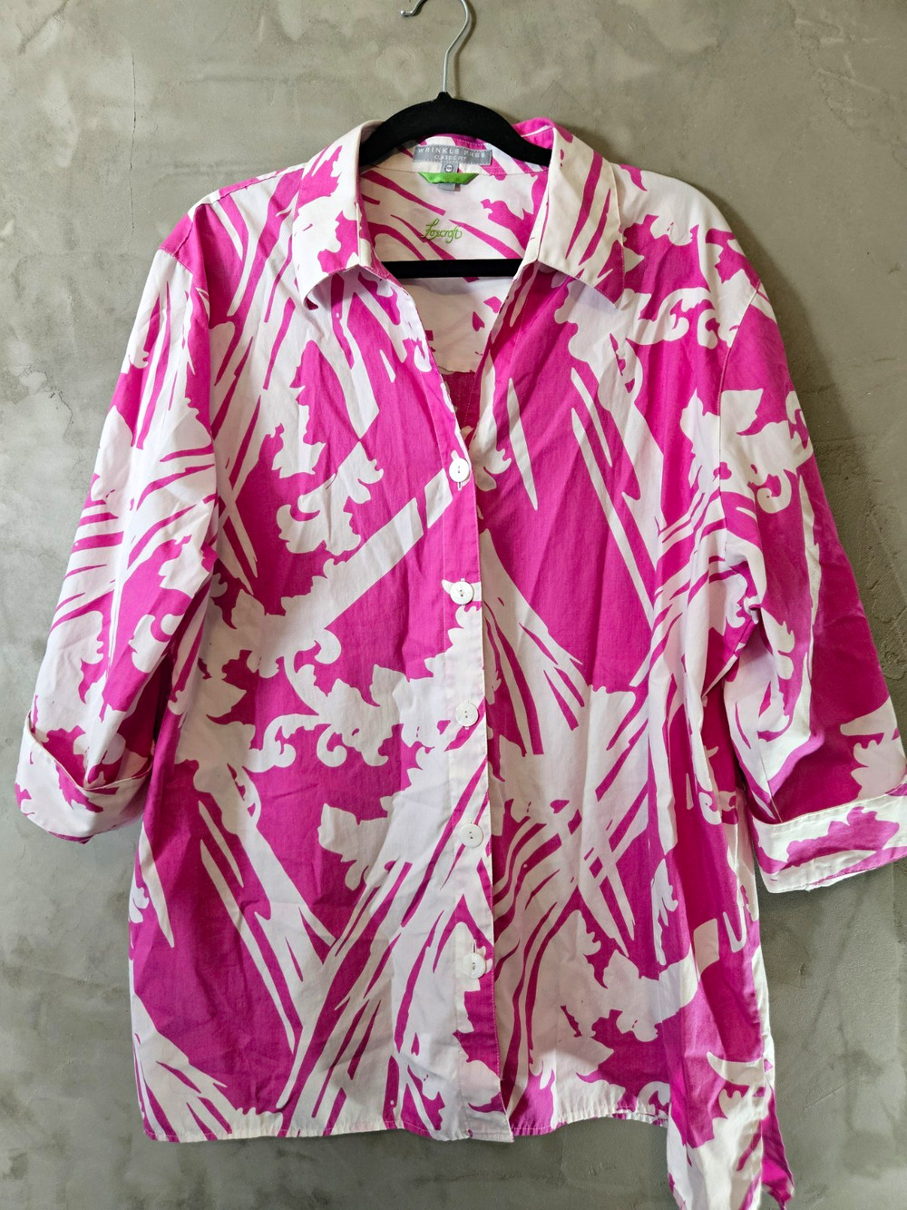 Foxcroft Size 20W Plus Pink White Abstract Collared 3/4 Sleeve Cotton Blouse
